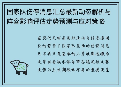 国家队伤停消息汇总最新动态解析与阵容影响评估走势预测与应对策略 国家队伤停消息汇总最新动态解析与阵容影响评估走势预测与应对策略